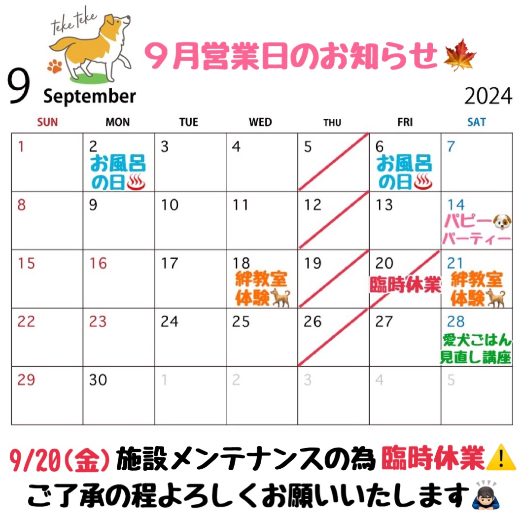 9月営業日カレンダーのお知らせです🗓